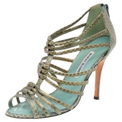 Manolo Blahnik Green Python Leather Strappy Sandals Size 39.5