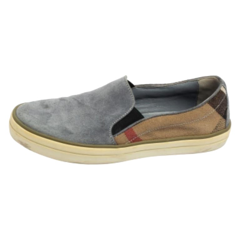 Burberry Ash Blue Suede and House Check Canvas Slip-On Sneakers Taglia 36.5 in vendita