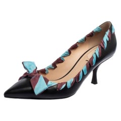 Fendi Black Leather And Woven Fabric Bow Pointed-Toe Pumps Size 38