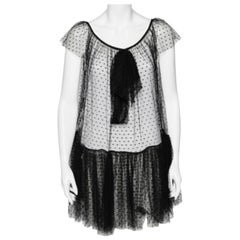 Moschino Black Tulle Ruffled Hem Bow Detail Sheer Mini Dress S