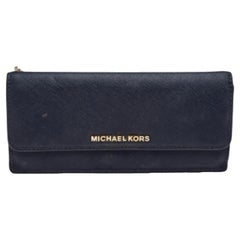 Michael Kors Navy Blue Saffiano Leather Jet Set Travel Flat Wallet