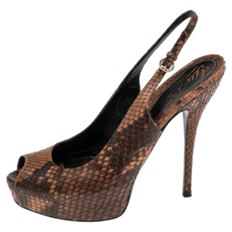 Gucci Brown Python Leather Sofia Platform Peep Toe Slingback Sandals Size 37.5