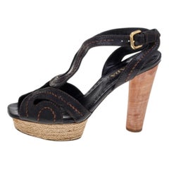 Prada Brown Leather Espadrille Platform Wooden Heel Ankle Sandals Size 40