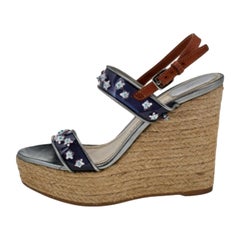 Dior Blue/PVC And Flower Embellished Wedge Platform Espadrille Sandals Size 38.5