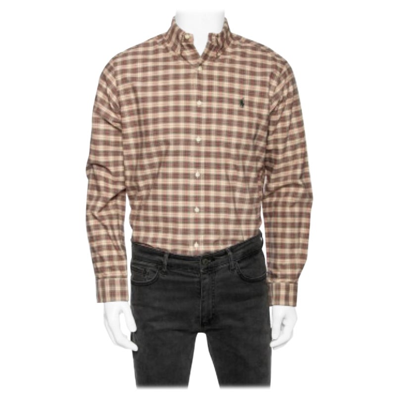 Ralph Lauren Camisa de algodón a cuadros beige con botones delante M en venta