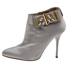 Roberto Cavalli Grey Satin Bow Embellished Ankle Length Boots Size 38