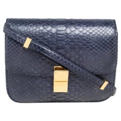 Celine Borsa a tracolla media Classic Box in pitone blu navy