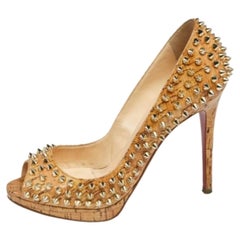 Christian Louboutin Beige Cork Spike Peep Toe Platform Pumps Size 37.5