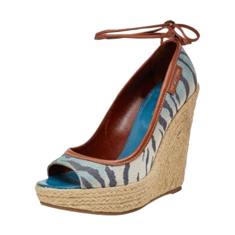 Sergio Rossi - Tela stampata e pelle - Piattaforma espadrillas con zeppa, misura 37,5 in vendita