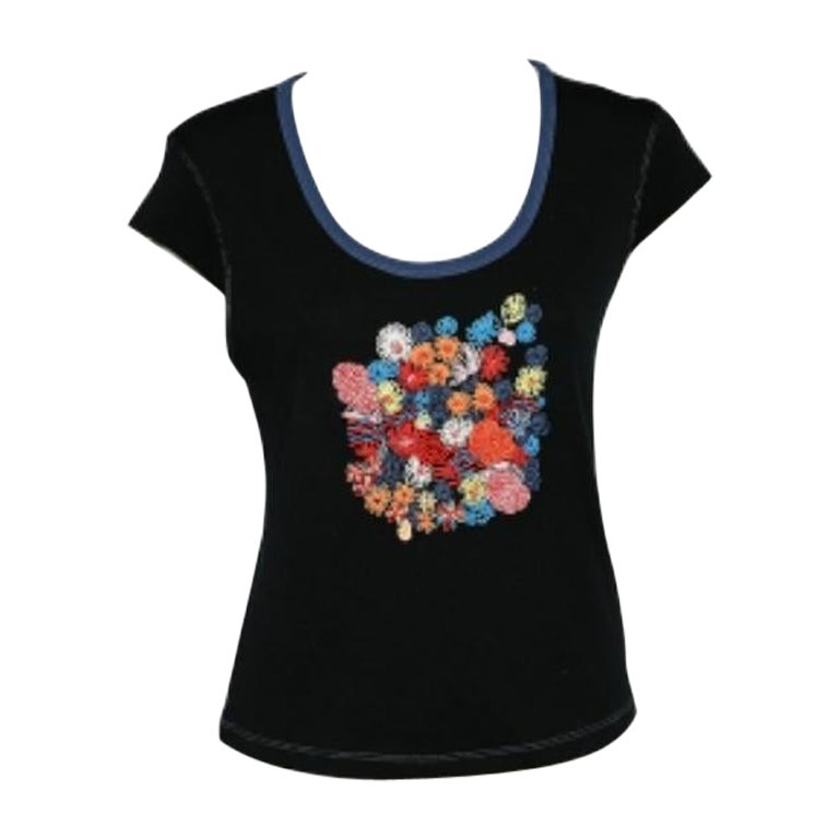 Kenzo Jeans T-shirt à col dégagé en tricot de coton brodé bleu nuit XL en vente