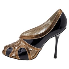Dolce & Gabbana Black/Gold Patent Leather and Leather Peep Toe Pumps Size 36