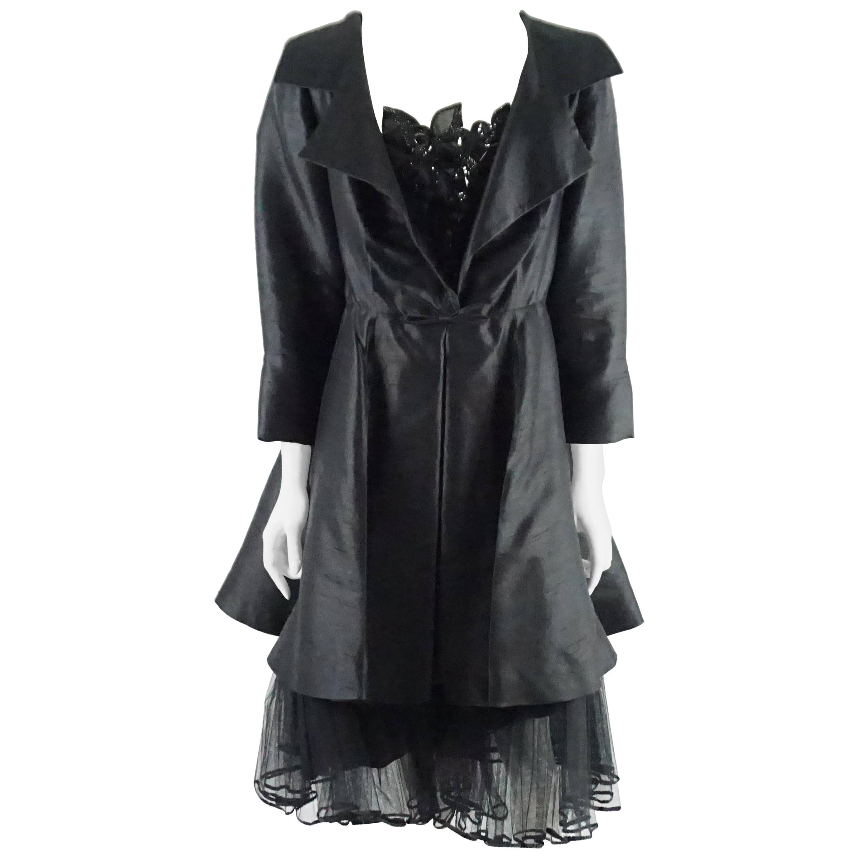 Christian Dior Vintage Black Silk Coat-Dress with Beading and Petticoat - L