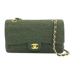 Chanel Classic Flap Khaki Green Wool Vintage Double Flap Bag 24k Gold Hardware