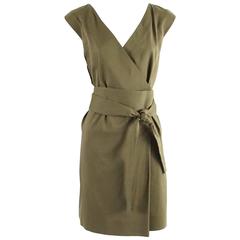 Used Gucci Olive Cotton Shift Dress with Sash - 40