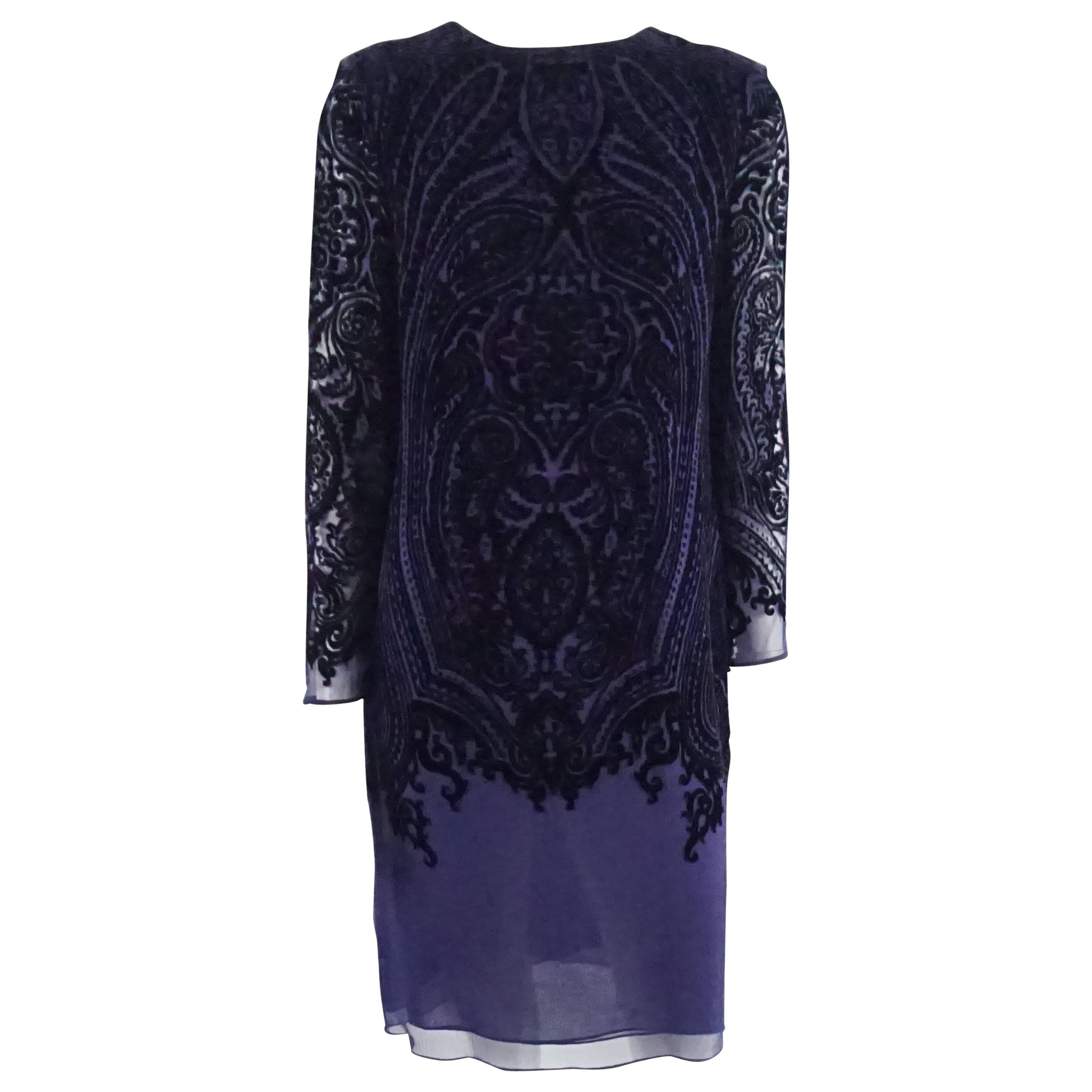 Oscar de la Renta Purple Silk Cut Velvet Long Sleeve Dress - M