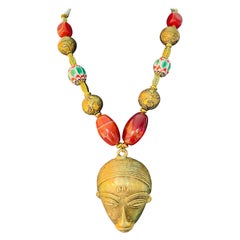 LB offers African Brass mask Carnelian Tibetan brass Vintage Venetian necklace