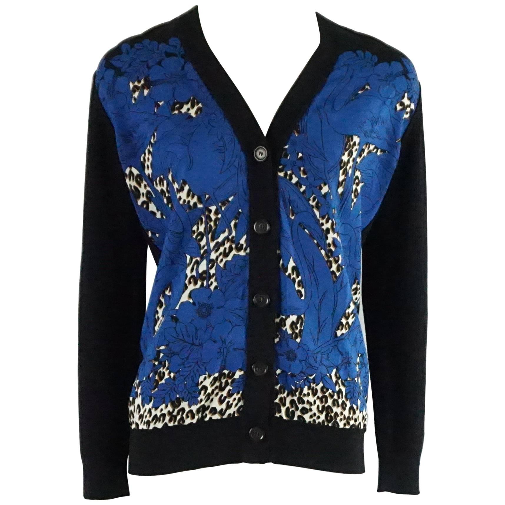 Louis Vuitton Black Wool Cardigan with Blue Silk Front - S