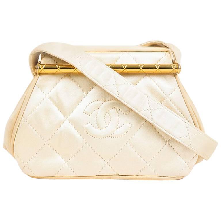 Vintage Chanel Cream and Gold Tone Satin and Leather Quilted 'CC' Mini ...