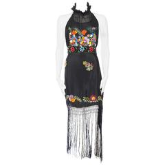 Beaded and Embroidered Bohemian Halter Dress With Fringe
