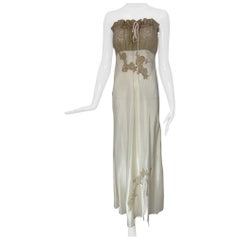 Vintage 1950s Champagne Rayon Satin Bias Strapless Lace Bodice & Applique Night Gown