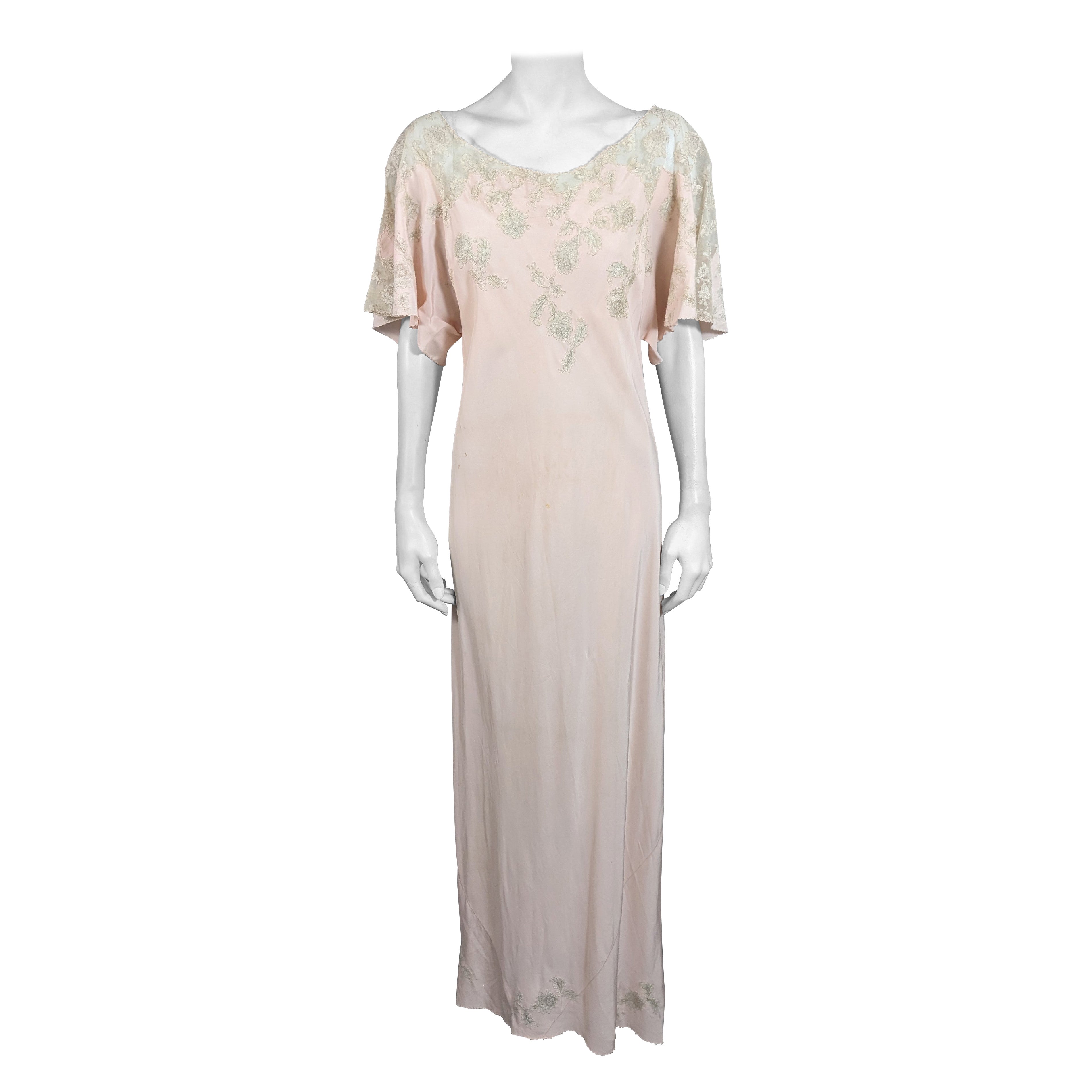 Art Deco Bias Kleid aus Seidenkrepp, Tüll und Spitzenbesatz