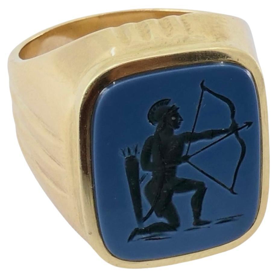 Vintage 14k Gold Signet Ring Sagittarius Carved Stone