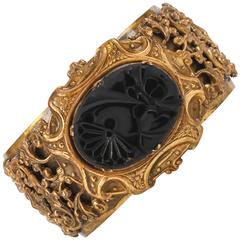 VICTORIAN REVIVAL c.1930's Brass Filigree Carved Black Onxy Cuff Bracelet 4