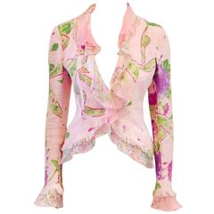 Emanuel Ungaro Pink Floral Cotton and Linen Blend Fitted Jacket w Silk Ruffles 12