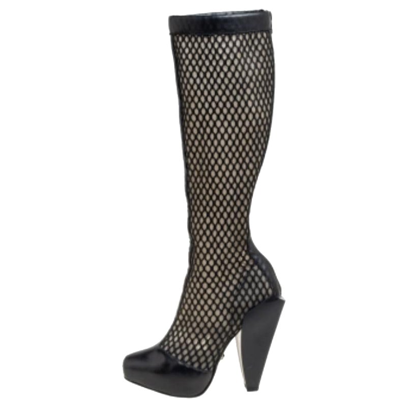 Versace - Stivali al ginocchio a punta in pelle nera e rete - misura 36