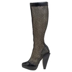 Versace Black Leather And Mesh Pointed Toe Knee Length Boots Size 36