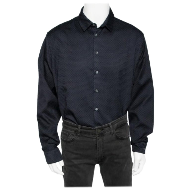 Giorgio Armani Camisa azul marino y gris de algodón estampado con botones 4XL