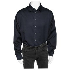 Giorgio Armani Camisa azul marino y gris de algodón estampado con botones 4XL