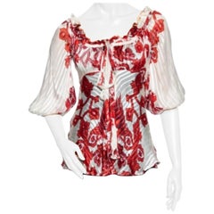 Roberto Cavalli Ivory & Red Printed Silk Neck Tie Detail Blouse S