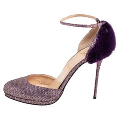 Christian Louboutin Purple Glitter Fabric/Mink Crazy Fur D'orsay Pump Size 39.5