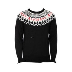 Givenchy Black Fair Isle Logo Knit Wool Frayed Edged Sweater M