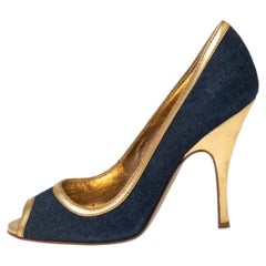 Dolce & Gabbana Blue/Gold Denim and Leather Peep Toe Pumps Size 39