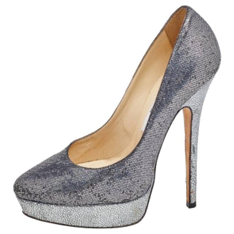 Jimmy Choo Escarpins à plateforme Eros pailletés argentés, taille 38 en vente