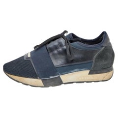 Balenciaga Black/Blue Leather And Mesh Race Runner Sneakers Size 38