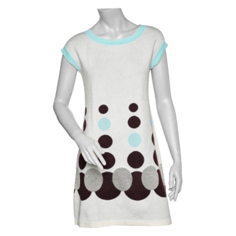 Kenzo Off White Circle Patterned Cotton Knit Shift Dress S.S. White en vente