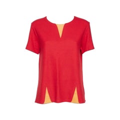 Used Fendi Red Wool & Leather Inset Detailed Short Sleeve Top S
