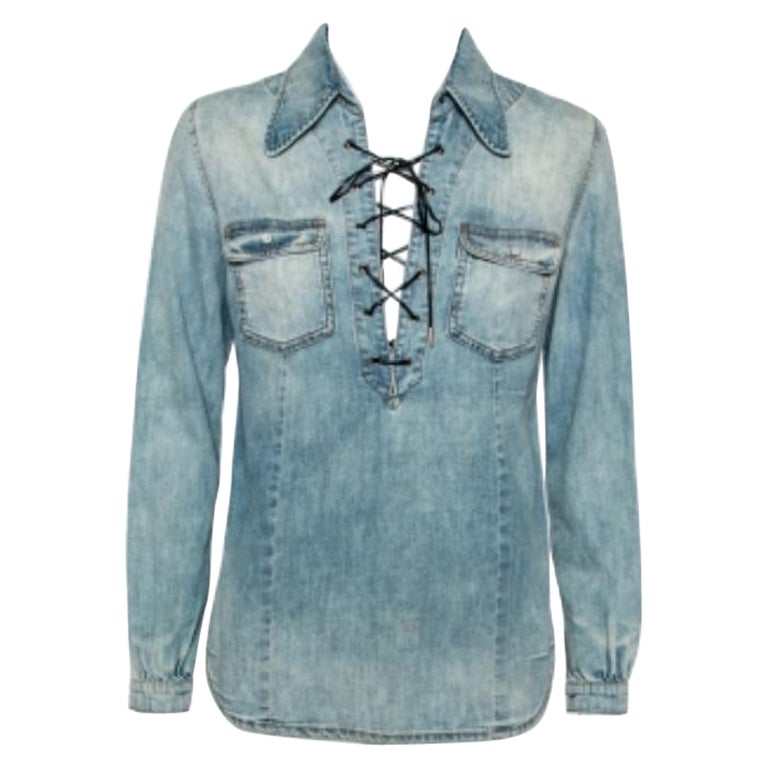 Roberto Cavalli Bleu Denim Chemise à manches longues avec détails en dentelle S en vente