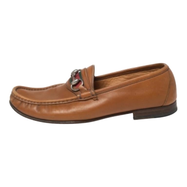 Gucci Mocassins en cuir marron à mors en toile Taille 41.5 en vente