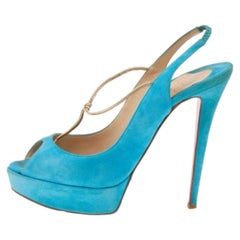 Christian Louboutin Blue Suede Alta Spritney Platform Slingback Sandals Size 40