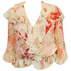 Valentino Ivory Silk Chiffon Floral Print Blouse With Tiered Ruffles and Lace