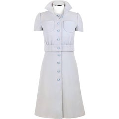 COURREGES Couture Future c.1968 2 Pc Light Blue Wool Jacket A-Line Dress Suit 