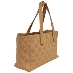 Chanel Tan Diamond Quilted Leather Tote W Contrast Stitching Serial 8068065