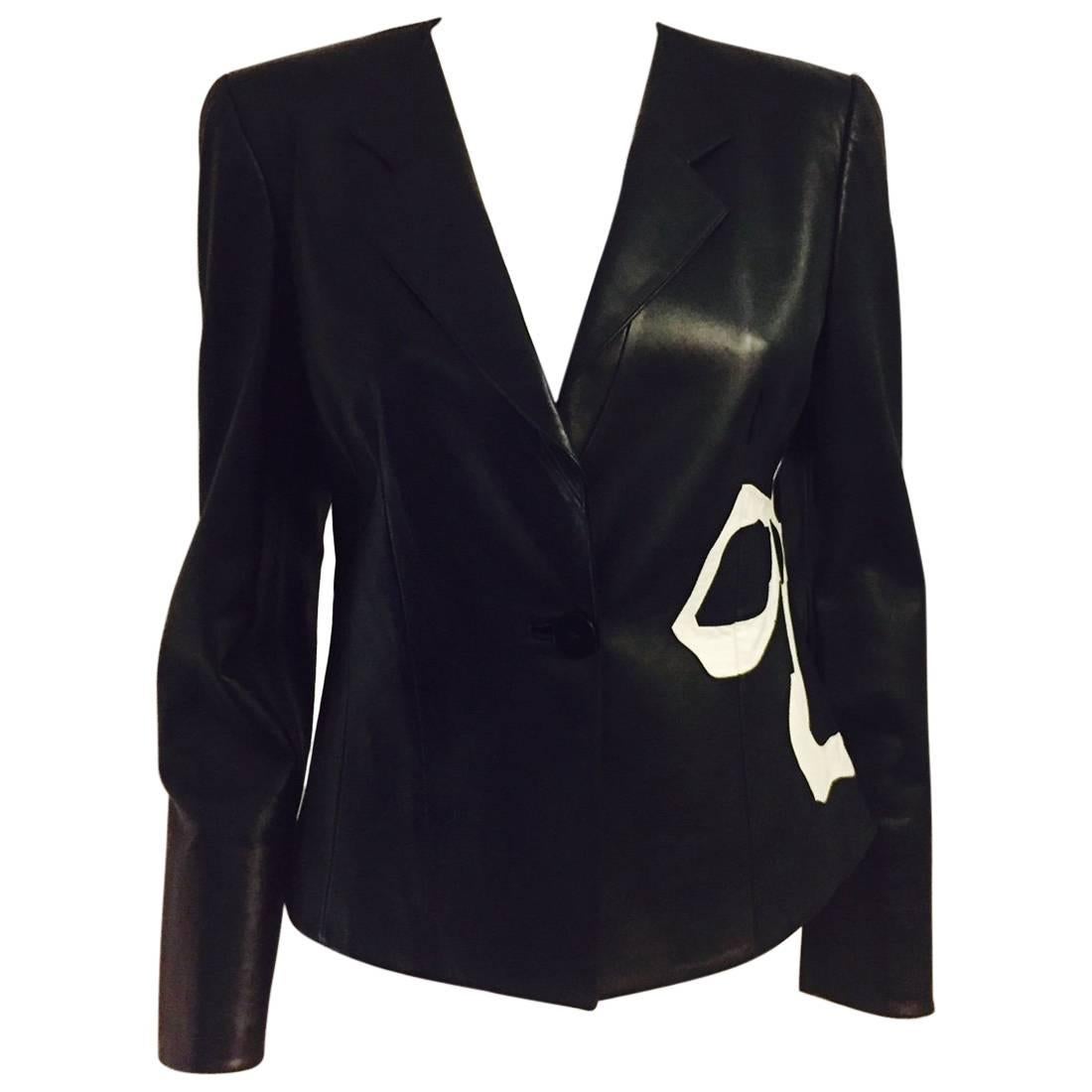 Armani Collezioni Fitted Black Leather Jacket With Abstract Floral Design  For Sale