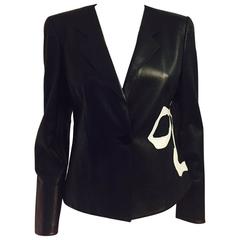 Armani Collezioni Fitted Black Leather Jacket With Abstract Floral Design 
