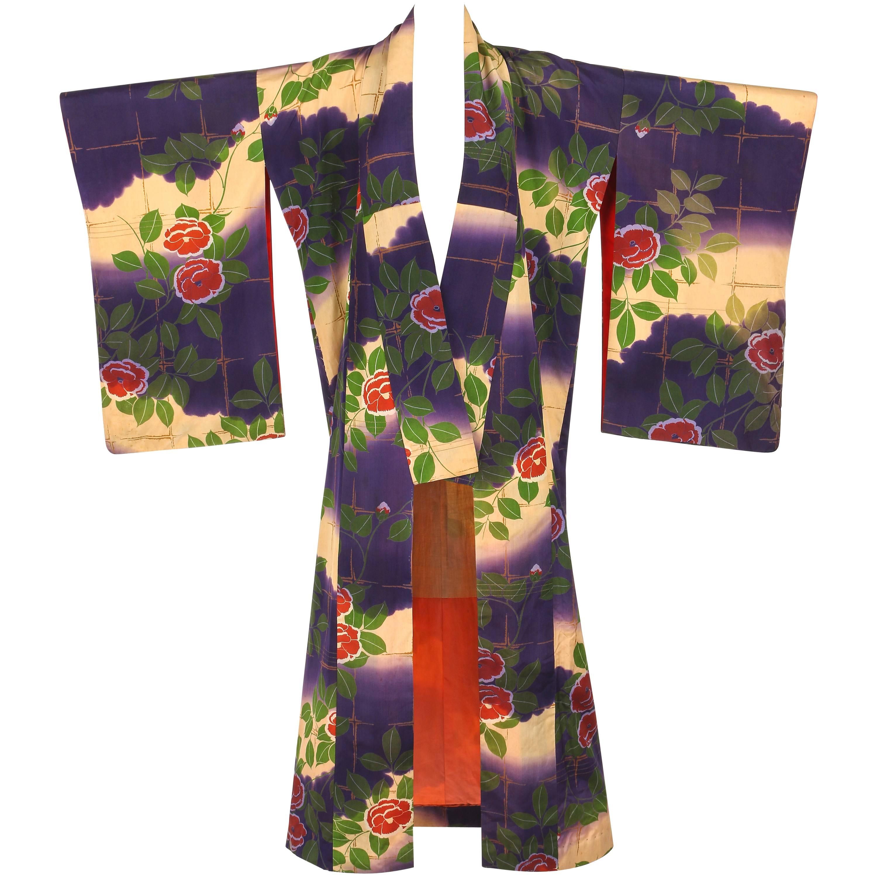 Couture c.1920's Multicolor Floral Print Silk Kimono