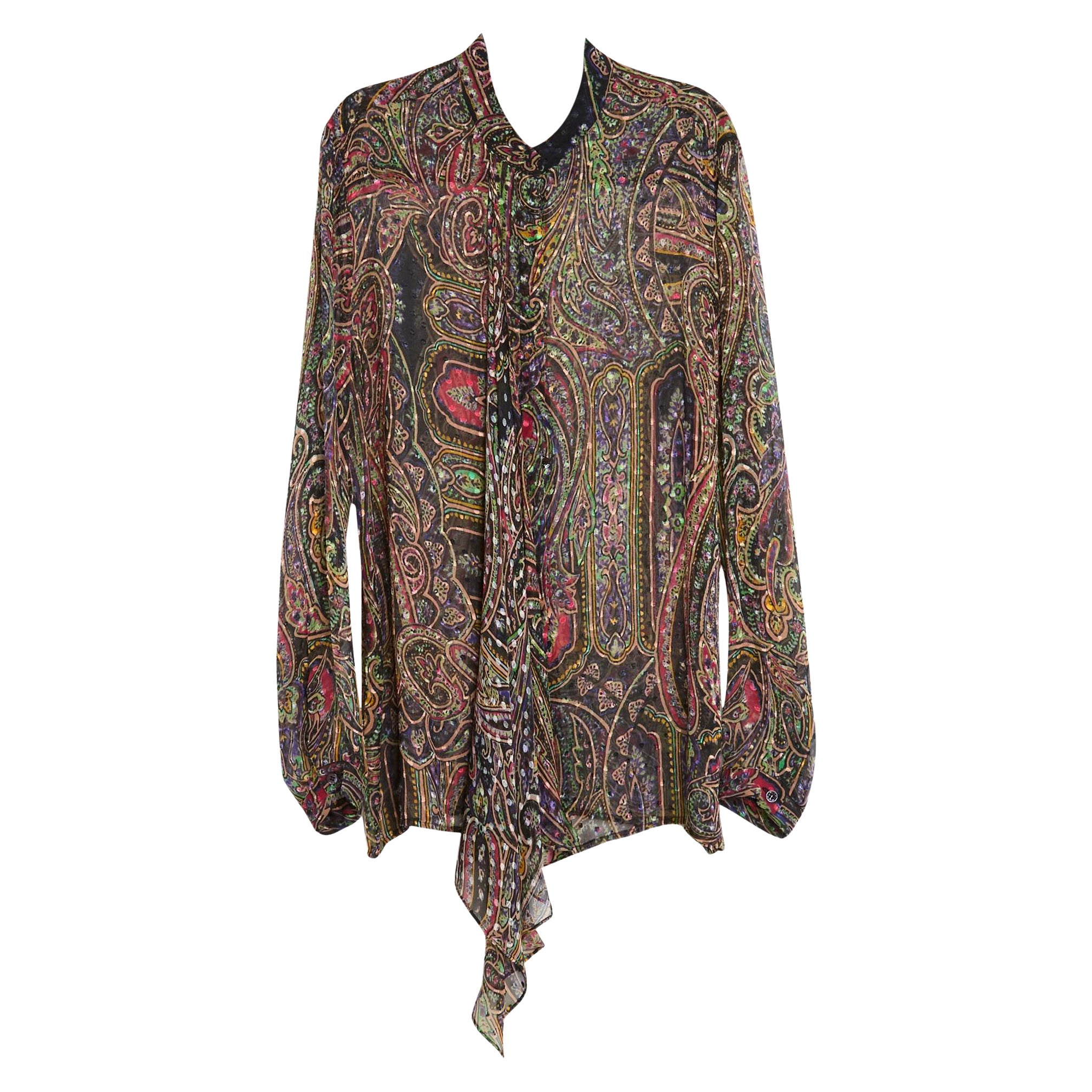 Etro Top FR40 Silk Chiffon Boteh And Velvet Dots Blouse UK12 US10